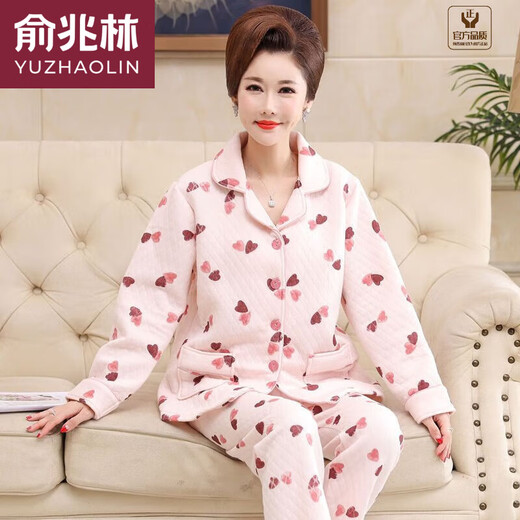 俞兆林夹层棉睡衣女中年妈妈纯棉长袖中老年家居服春秋冬季加厚保暖套装 LH3887 M 建议体重80-100斤