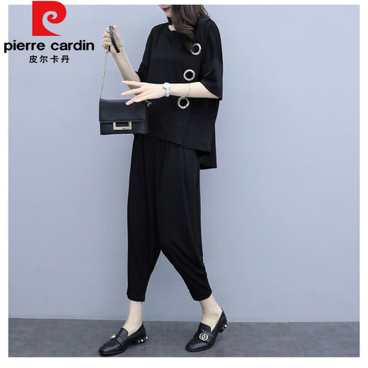 Pierre cardin large size women's fat mm harem pants set 2025 spring and summer new fashionable slimming belly sports and casual two-piece set white <9928> XL <suggested 117-130>