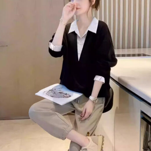 荣西图（RONGXITU）拼接设计感时尚衬衫春秋百搭洋气上衣 黑色(2677#) M (【建议100斤以内】)