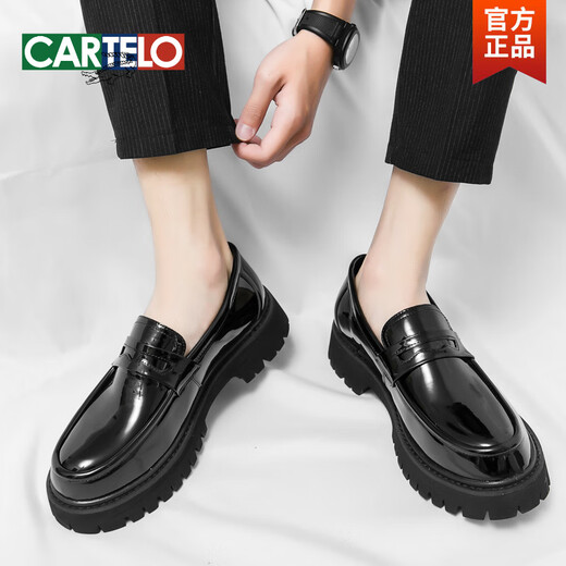CARTELO men's loafers 2025 spring men's shoes heightened thick sole shiny trendy leather shoes lazy beans shoes 3519 black high quality version 39