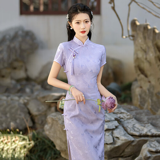 SGJ light luxury brand women's cheongsam women's lace long modified cheongsam national style retro dress slim and can be worn every day 14124 meter white (for pendant) M