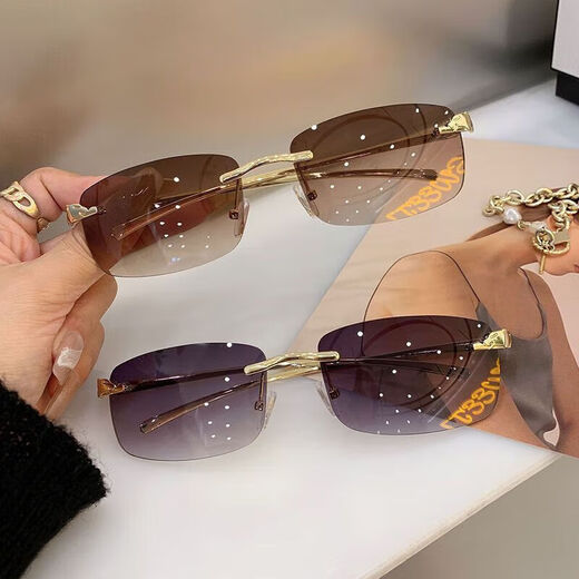Lunettes de soleil, lunettes de soleil, nouveaux lunettes sans cadre à la mode, hommes et femmes, feuille gris à cadre en or européen et américain (Tissu miroir du sac en verre)