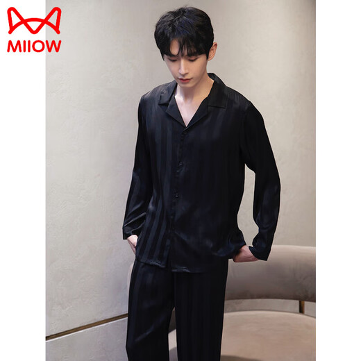 Catman (Miiow) Pajamas masculin Spring and Automne Ice Silk Silk à manches longues Suit Men's Summer 2025 NOUVELLES Vêtements à domicile 6626 Straight Men's Style XL (125-150jin [Jin est égal à 0,5 kg]))