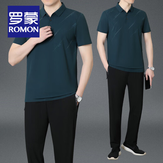 罗蒙（ROMON）爸爸夏装冰丝短袖t恤男士中老年运动套装父亲节夏季弹力速干衣服 【9207款】卡其/短袖+长裤 2XL
