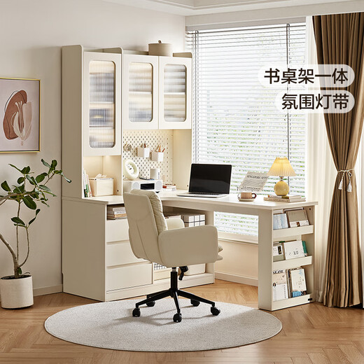 Quanyou Home Cream Style Corner Desk and Bookshelf Combination Small Apartment L-shaped Computer Desk with Storage Cabinet Off-White | Forward Desk Rack