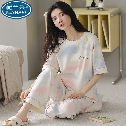 帕兰朵100新疆棉睡衣女短袖长裤夏季韩版女士圆领套装薄款全棉外穿家居 RN9712#短袖长裤 纯棉 M (80-100斤)