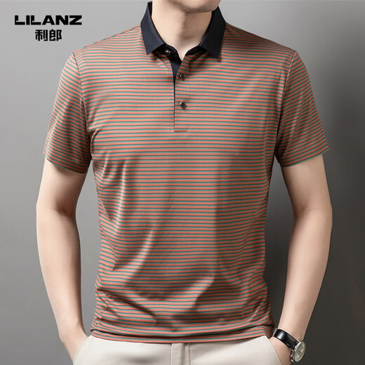 
Lilang men's lapel short-sleeved T-shirt summer striped young and middle-aged business casual POLO shirt ice silk breathable top green 13691 S 165