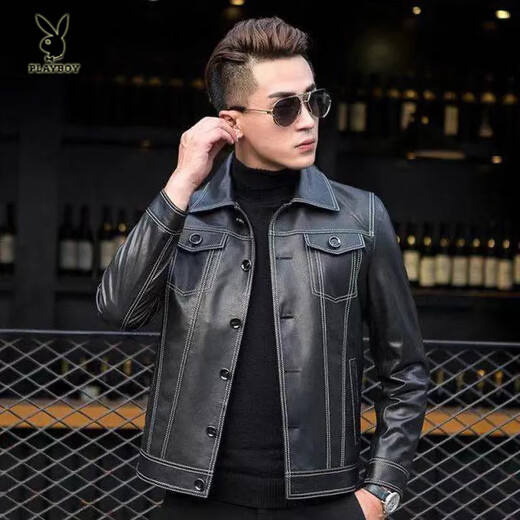 Playboy (PLAYBOY) 2025 New Genuine Leather Jacket Korean Style Trendy Slim Handsome Short Fashion Casual Leather Jacket Men's Jacket Black M 165 Code-100-115Jin Jin is equal to 0.5 kg