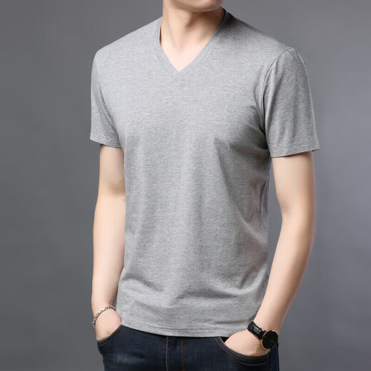 
HaiLan Home (HLA) Summer Men's Short Sleeve T-Shirt Modal Solid Color V Neck Ice Wire Thin Middle-aged Casual Cotton T-Shirt Top 9901-Gray One Size 180