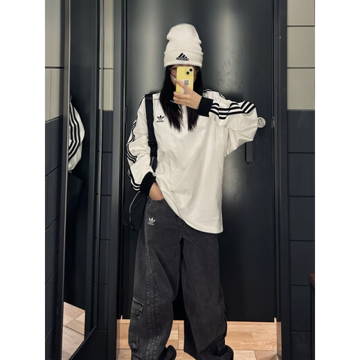 阿迪达斯 （adidas）三叶草男女同款针织长袖T恤KE5824 KE5825 KE5826 米色IA4877  2XL