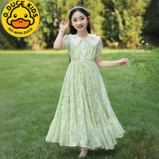 G.DUCKKIDS女童连衣裙夏装2025新款女孩夏季长款沙滩裙儿童洋气碎花雪纺裙子 XY-6630【绿色】  120 cm