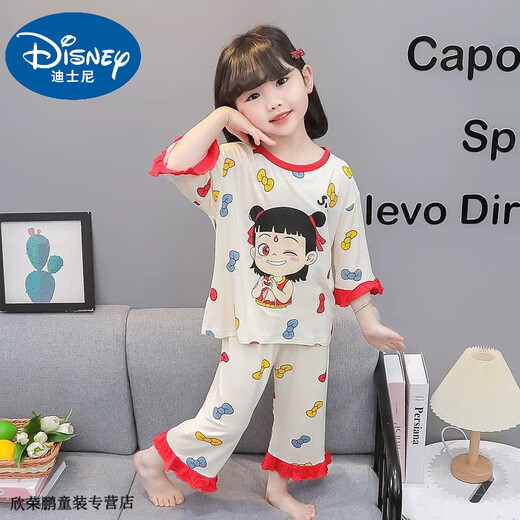 Disney baby girls pajamas new ice silk thin summer children's cartoon 7-quarter sleeve Nezha home clothes baby girl air conditioning clothes off white 110 Recommended 100-110cm2-3 years old cm