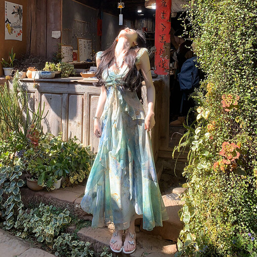 MU Ni, Sensenkleid im Sen-Stil, Sommertemperament, longiger Rock der Frauen, die hüftgerüste Fee für Frauen sieht schlank und Kleider, Urlaubsstil, schwimmendes Sommerkleid im Wald aus [Empfohlen 90-120 Jin [Jin gleich 0,5 kg]]
