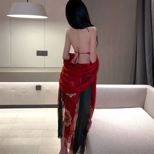 谜姬（Mizz zee）性感古风汉服睡衣服调情免脱制服诱惑装激情床上套装qqny 红色汉服套装+9756镂空网衣套装 均码 (建议80-130斤) 夫妻房事情趣助爱床上