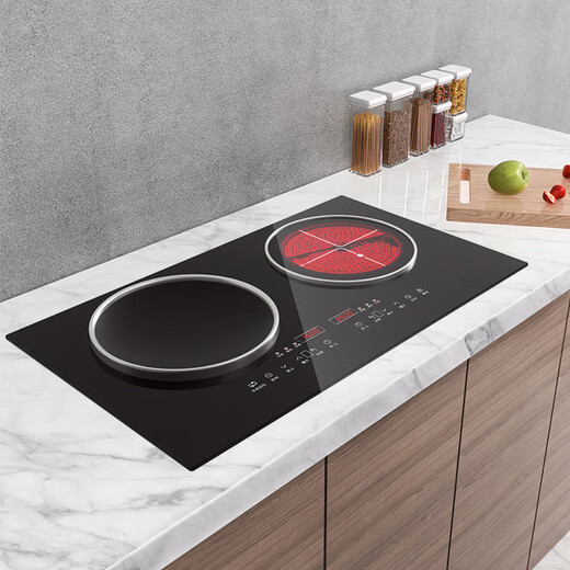 热情好太太白色平凹面4400W瓦大功率猛火家用双头电磁炉电陶一体灶台智能体感人机交互镶嵌入式爆炒隔空操控 黑[套餐]-左凹电磁3500W右平电陶3500W 智能触控款
