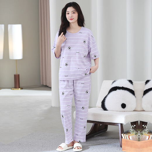 猫人100%纯棉睡衣女夏季短袖长裤休闲宽松女士家居服大码可外穿套装 684紫色 2XL 【建议140-160斤】
