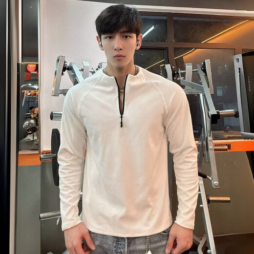 American fitness slim long-sleeved t-shirt for men in autumn new zipper sports sweatshirt for men trendy versatile tops for men dark gray XL recommended 120-140Jin Jin equals 0.5 kg