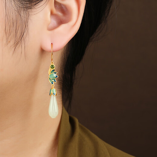 Little Silversmith Hetian Jade S925 Silver Magnolia Earrings Women's Enamel Lotus New Chinese Style Earrings Earrings Birthday Gifts