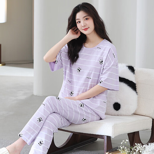 猫人100%纯棉睡衣女夏季短袖长裤休闲宽松女士家居服大码可外穿套装 684紫色 2XL 【建议140-160斤】