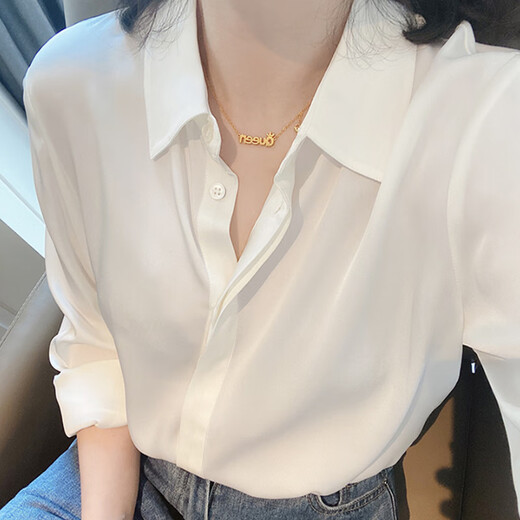 New Hong Kong Style Acetate White Shirt Women's Long Sleeve Professional Loose Commuting Retro Women's Shirt Business Wear 9102 White - Satin Concealed Button L Recommended 110-120 Jin Jin equals 0.5 kg
