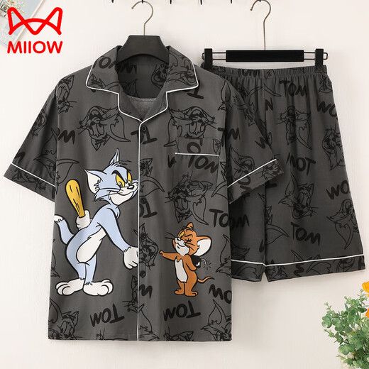 Catman (MiiOW) summer short-sleeved thin cotton pajamas men's home clothing set summer cartoon print Korean version handsome young man 3271 short-sleeved cover M (70-100Jin [Jin equals 0.5 kg])