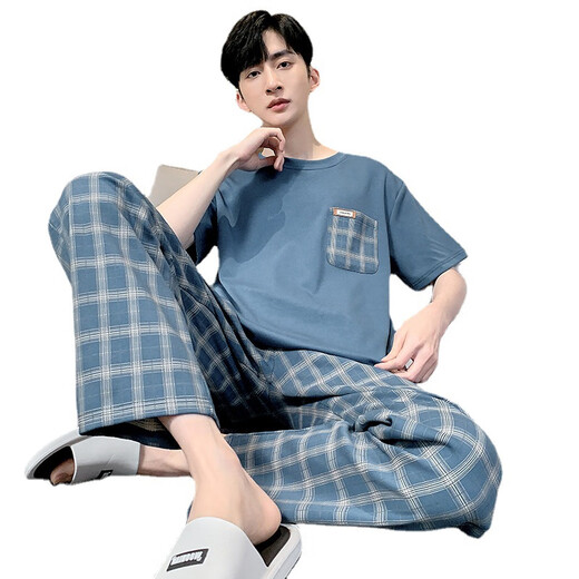 CarsemKeitn睡衣男士夏季短袖长裤简约家居服薄款棉质男大码青年学生休闲睡衣 QX3527 L