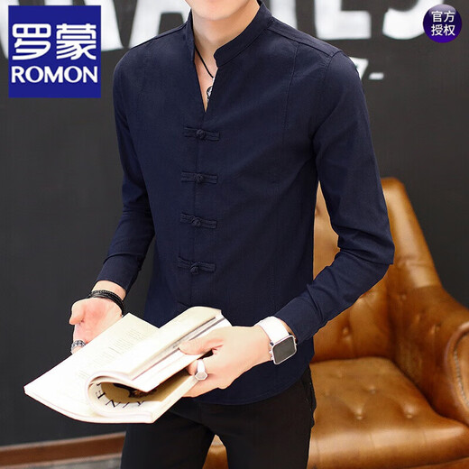 
ROMON Chinese style shirt men's long-sleeved retro men's shirt stand collar Tang suit handsome spring and autumn thin casual white 9905 black M