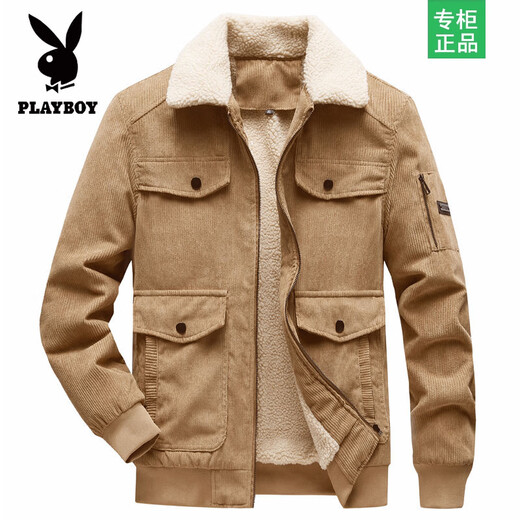 Playboy Lamb Velvet Plus Velvet Thickened 2026 Winter New Cotton Coat Men's Jacket Corduroy Big Pocket Jacket Men's Khaki XL Recommended 110-125Jin Jin is equal to 0.5 kg