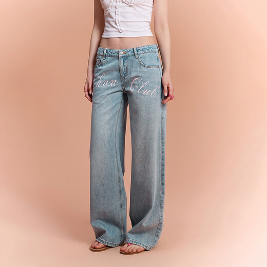 CHUU字母阔腿牛仔裤女2025年夏季新品星星磨破毛边磨白直筒长裤子 浅牛仔蓝 26