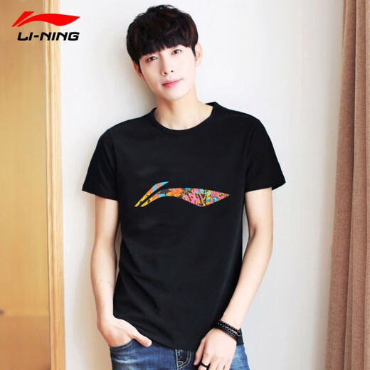 
Li Ning couple short-sleeved T-shirt summer fashion breathable casual sports trend round neck cultural shirt black 693-1 M