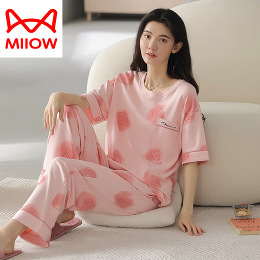猫人（MiiOW）织睡衣女夏季纯棉短袖长裤薄款全棉夏天女士家居服套装春秋季 YZT9716 短袖长裤 M 80-100斤