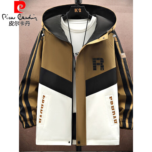 
Pierre cardin men's spring and autumn hooded work jacket letter printed jacket trendy brand jacket teenager outdoor charge suit 16852S black M
