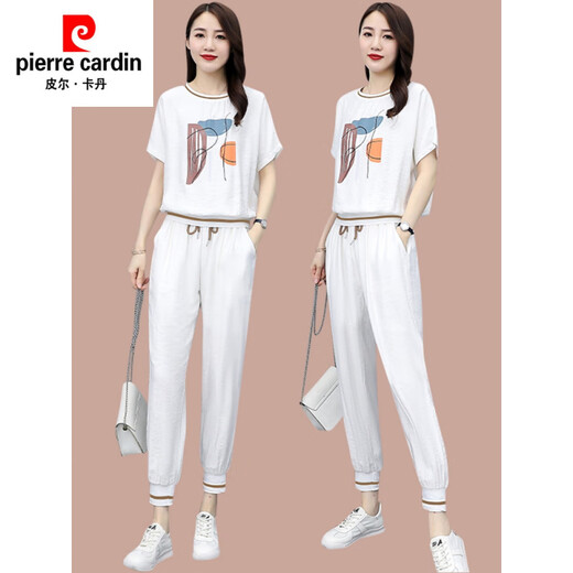 皮尔卡丹（pierre cardin）休闲时尚套装女夏季新款洋气T恤薄款小个子冰丝运动服短袖两件套 【684】桔黄色 M (建议100斤以下)