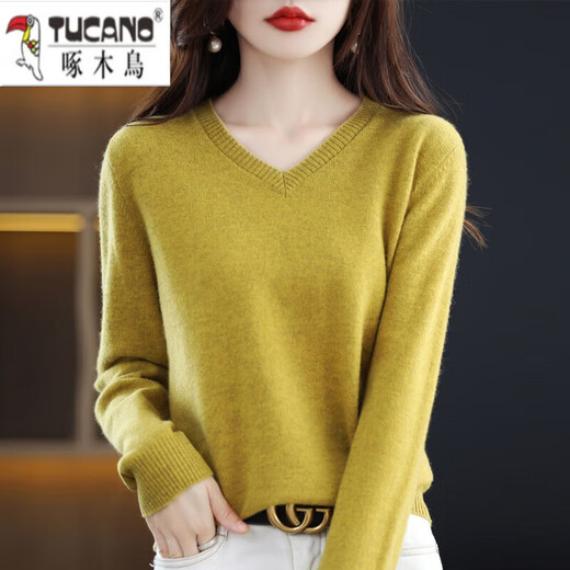 Woodpecker sweater women's pure 2026 spring and autumn new V-neck sweater loose pullover long-sleeved velvet knitted bottoming shirt gray 2XL