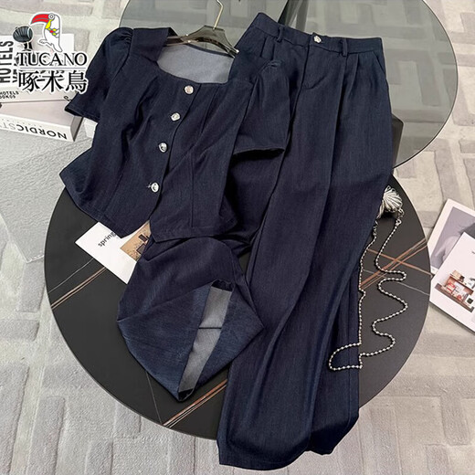 啄木鸟2025夏季穿搭一整套新款时尚休闲套装女显高显瘦高级感阔腿裤两件 深蓝色 两件套 M (100-110斤)