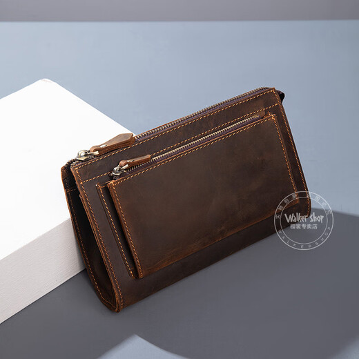 Walker Shop男包奢侈品新品【头层牛皮】男士长款拉链钱包休闲手工抓包手包潮 贵族棕