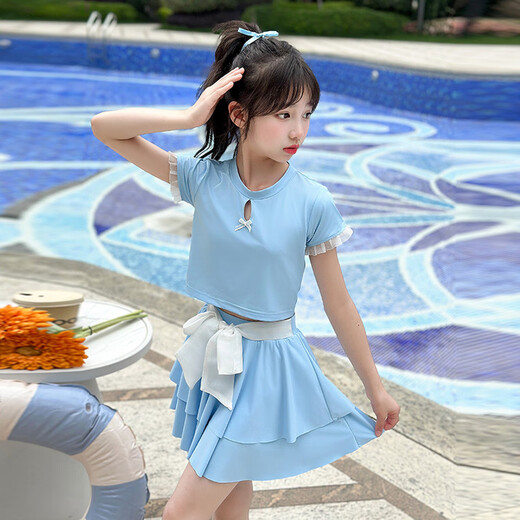 
Girls 2025 new swimsuit set for medium and large children's split skirt swimsuit fashionable girl swimsuit high appearance sky blue 130