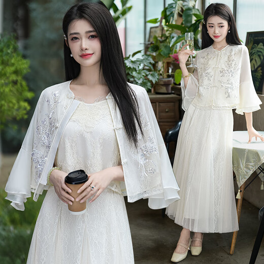 Lingtos dress for women new Chinese style modified round neck buckle embroidered diamond lace suspender top with lace skirt for women 2690 apricot color + 2689 apricot color + 2687 apricot color XL
