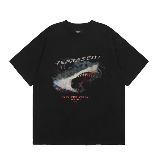 Lee Kids Real Shot Reprection Collection Eagle Shark motif de requin imprimé Round Cou Short Sleeve Beautiful Hip-Hop Men and Women 1048 Black S