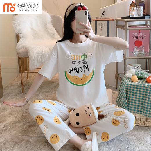 莫代尔春秋睡衣女夏季薄款纯色棉短袖长裤两件套装宽松全棉休闲女士家居 SSM-6625 均码 睡尚美承诺