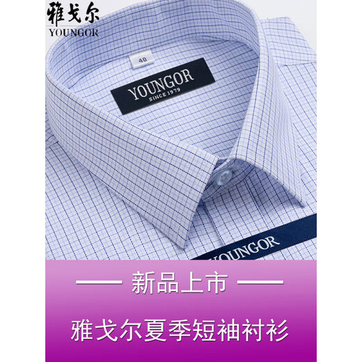 雅戈尔旗舰官方店男士短袖衬衫夏季纯棉免烫中年休闲商务职业正装格子衬 蓝色DX6636京东快递 38