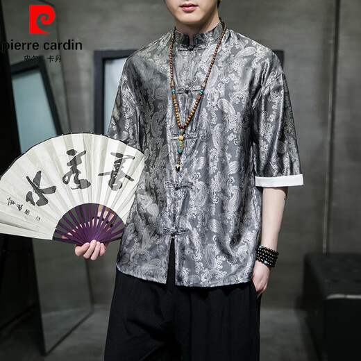 
Pierre cardin ice silk Tang suit Chinese style summer thin short-sleeved shirt men's retro loose Hanfu large-size five-point sleeve shirt A686 blue 5XL 200-230Jin [Jin equals 0.5 kg]