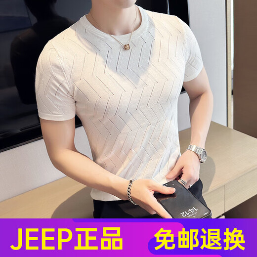 JEEP SPIRIT夏季男士高端短袖t恤2025新款镂空针织圆领修身冰丝透气体恤上衣 9759灰色 (针织款偏厚) S p 针织款偏厚，不是薄 款