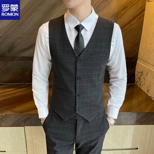 罗蒙（ROMON）格子西服套装男新郎结婚西装三件套伴郎礼服修身韩版休闲正装外套 深灰【西服+马甲+裤子+衬衫】+领 L （108~120斤）