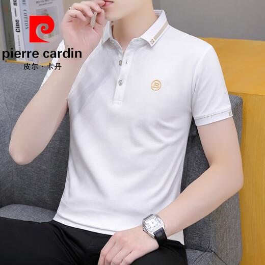 Pierre Cardin Summer Cool Cool Silk High-Ald Simple Fink Lapa de algodón de algodón de algodón de manga corta Polo bordado para hombres Bordado Camisa Blanca 679 Modelo M 85-Jin [Jin iguala 0.5 kg]