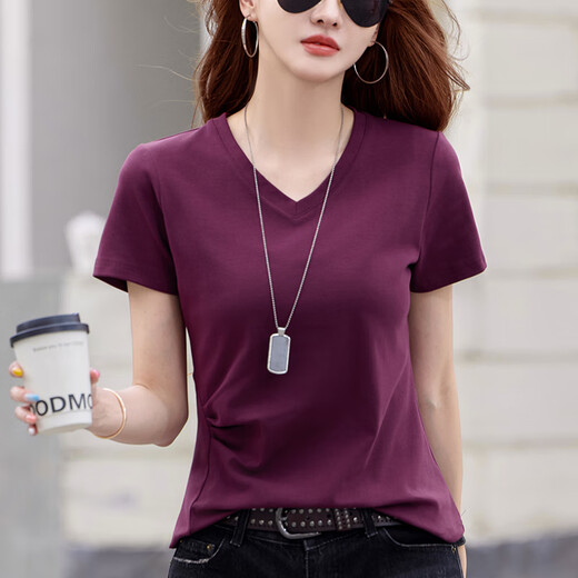 Lisa Guangzhou 13-Reihen-T-Shirt-T-Shirt-T-Shirt V-Ausschnitt Front Schulter kurzärmeliges T-Shirt Frauen Design Falten-Basis-Hemd Sommer-Style 6626 Blurred Red (Fischknochenstil) suggeriert 80-95 Jin [Jin gleich 0,5 kg]