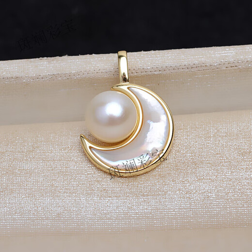 S925 sterling silver gold natural freshwater real pearl moon pendant pendant pendant shell inlaid silver pendant + sterling silver chain