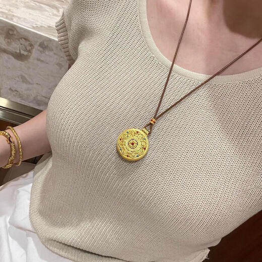 Vietnamese Sand Gold Eight Treasures Compass Necklace for Men and Women, Ancient Heritage Pendant, Gold Braided Rope Fu Brand Sweater Chain, Eight Treasures Compass + Brown Ruyi Rope, Gift Box Style