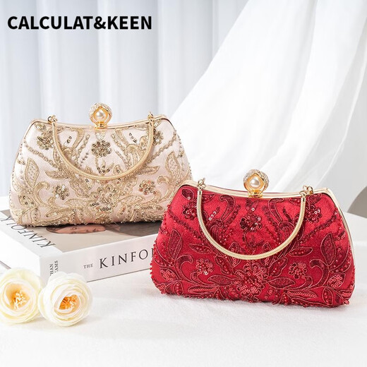 CALCULAT/KEEN Xima wedding handbag dinner bag cheongsam bag new Chinese style Xima clutch bead embroidered banquet bag handcarve A style champagne gold