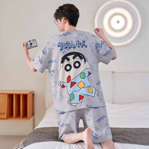 欧妙妤夏季睡衣男士短袖短裤青年男生薄款休闲大码可外穿家居服套装 6627蓝色字母【发一套】 M 男【80-100斤】